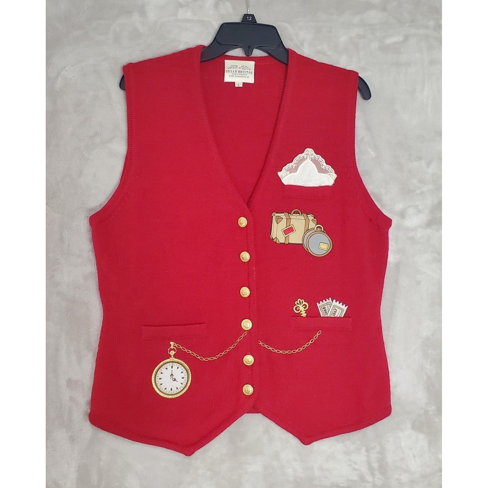 Vtg 90s Susan Bristol Vest Embroidered Red Wool Womens L Travel Preppy READ